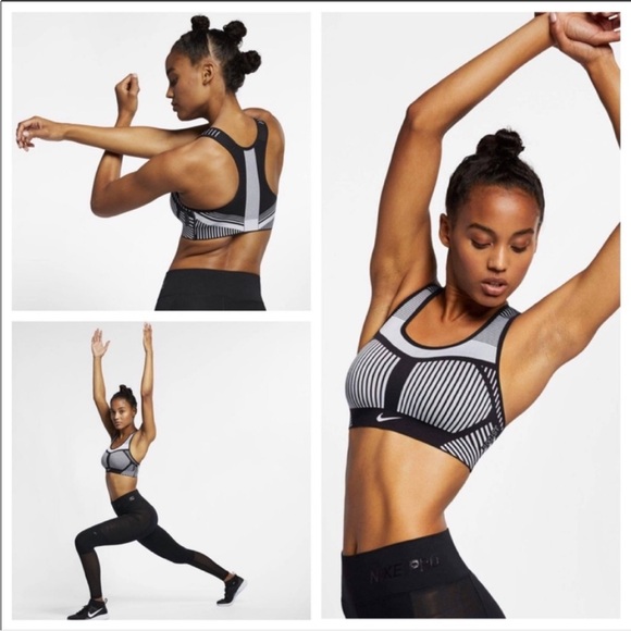 Nike Pro Indy Flyknit Seamless Sports Bra XS Black Gray Stripe AJ4047-014 - Picture 1 of 13